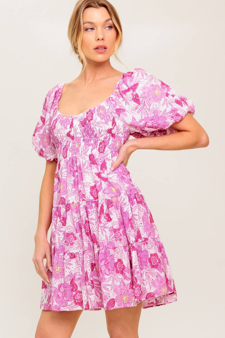 PRETTY IN PINK EYELET MINI DRESS