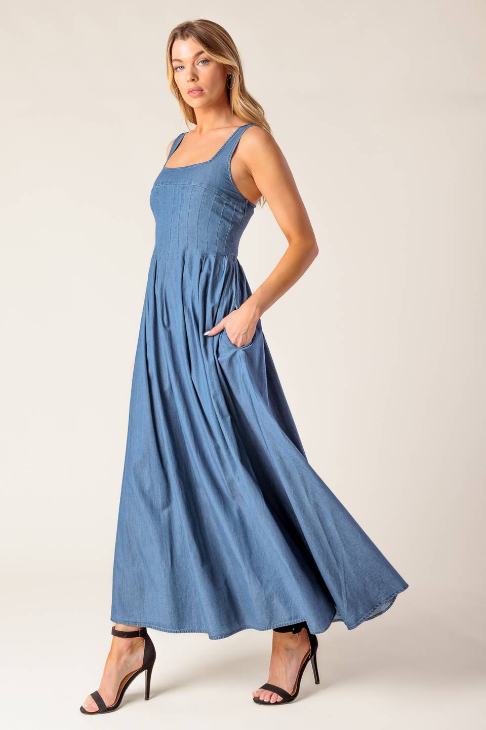 Lady Black Tie - Blue Ridge Dreams Pintuck Denim Midi Dress