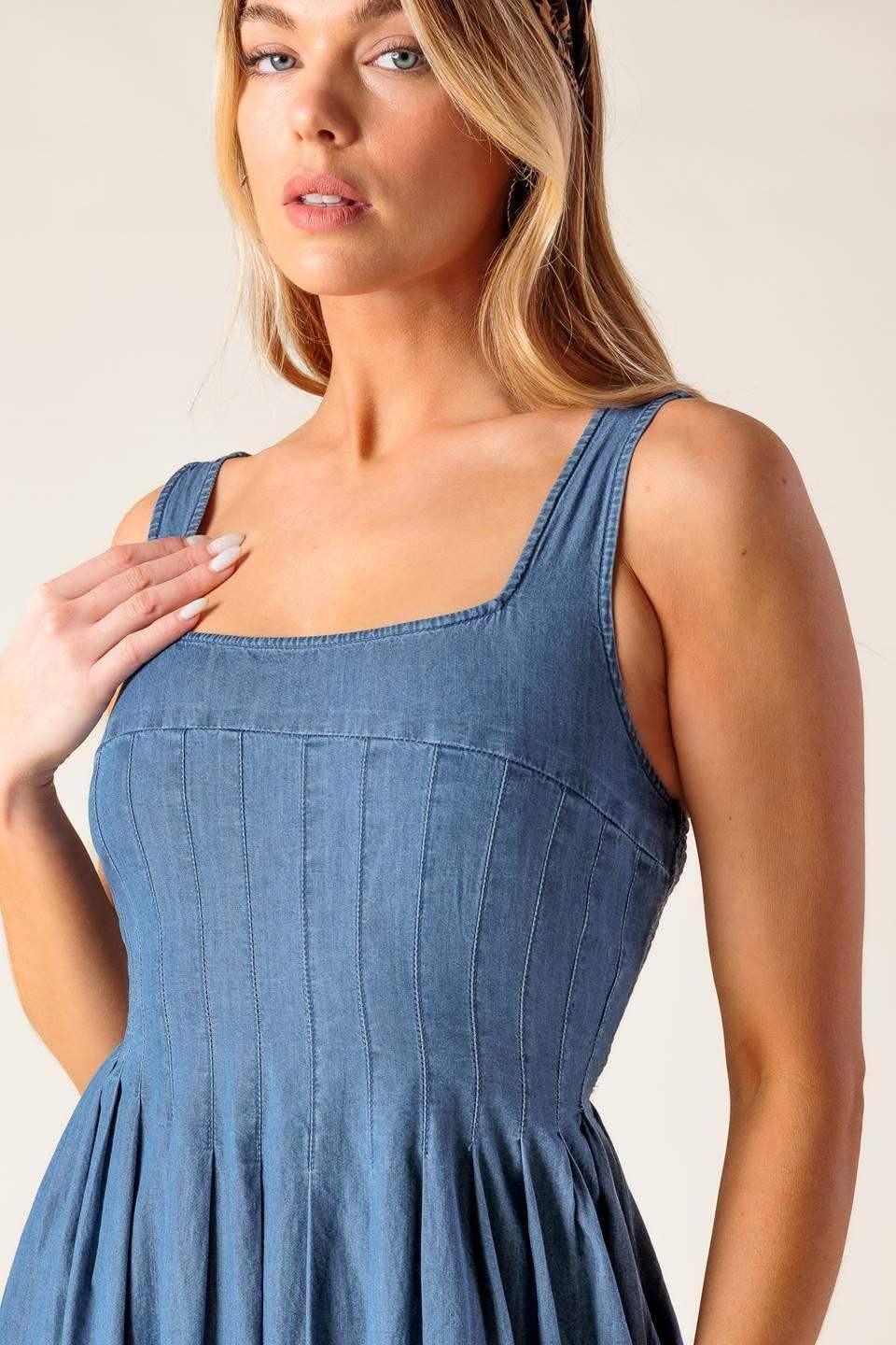 BLUE RIDGE DREAMS PINTUCK DENIM MIDI DRESS - FINAL SALE