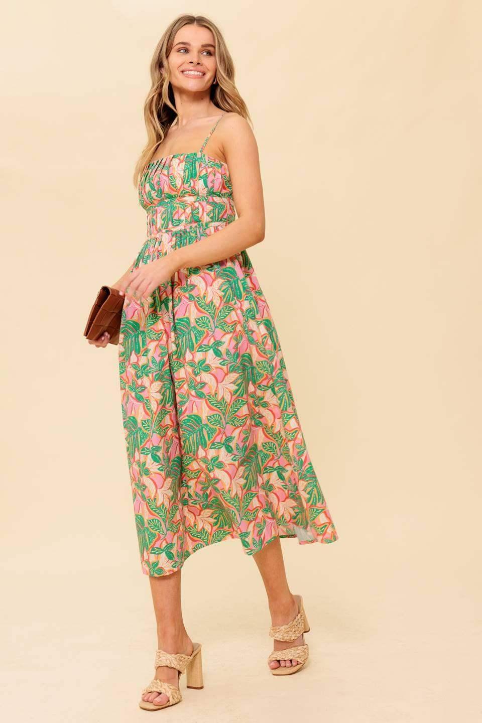 STORYTELLING - PINK & GREEN MIDI DRESS WITH POCKETS