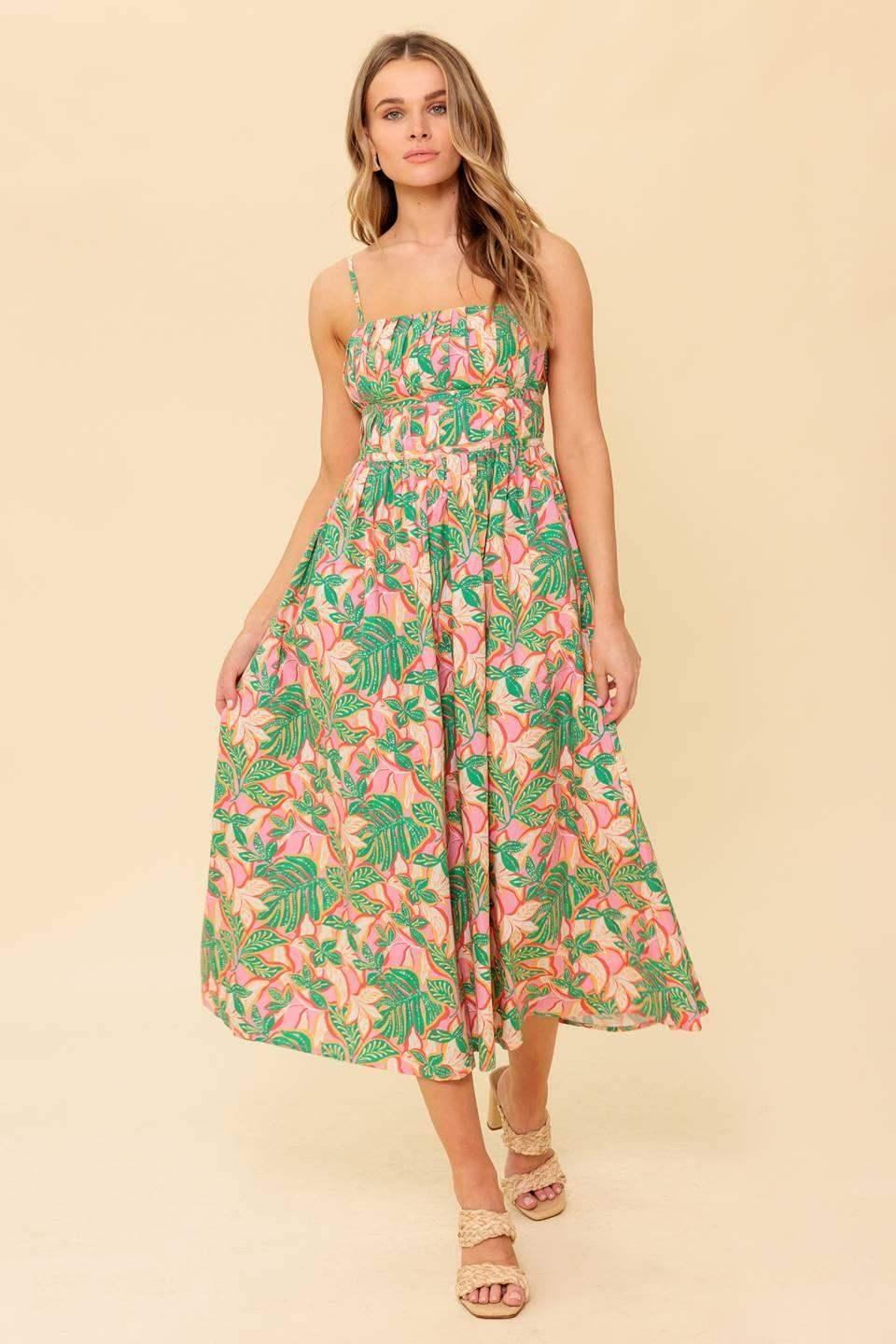 STORYTELLING - PINK & GREEN MIDI DRESS WITH POCKETS
