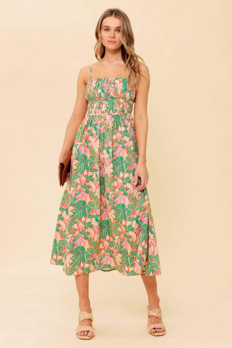 STORYTELLING - PINK & GREEN MIDI DRESS WITH POCKETS