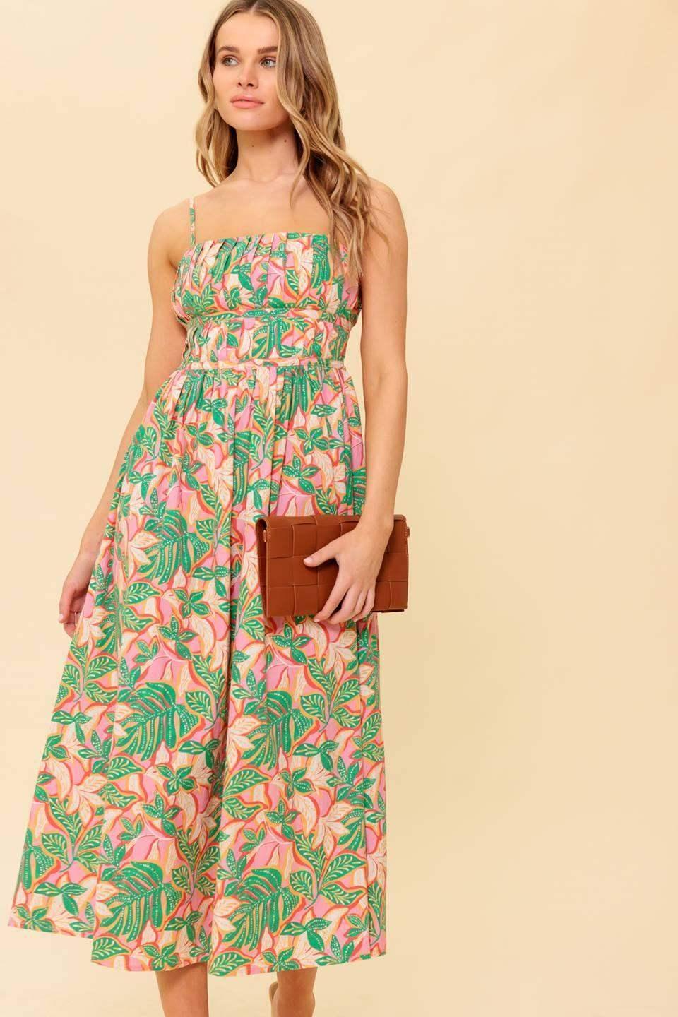 STORYTELLING - PINK & GREEN MIDI DRESS WITH POCKETS