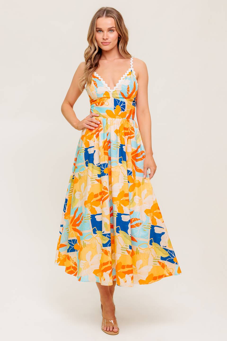 MERRITT MIDI DRESS - ORANGE & BLUE PRINT