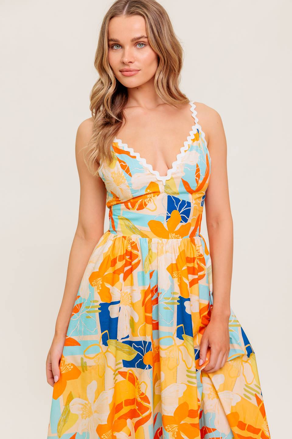 MERRITT MIDI DRESS - ORANGE & BLUE PRINT