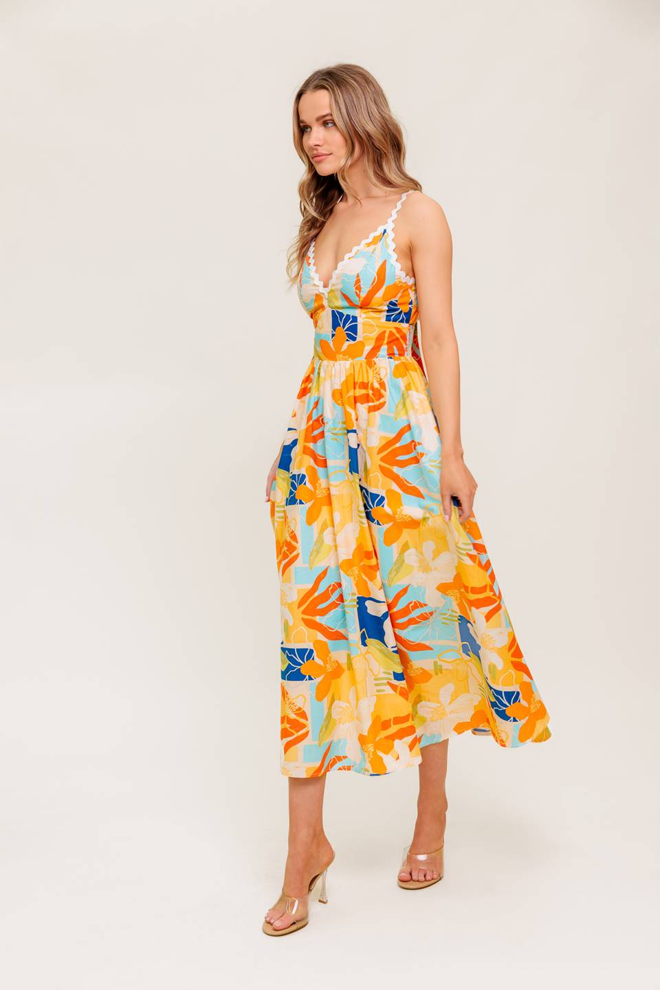 MERRITT MIDI DRESS - ORANGE & BLUE PRINT