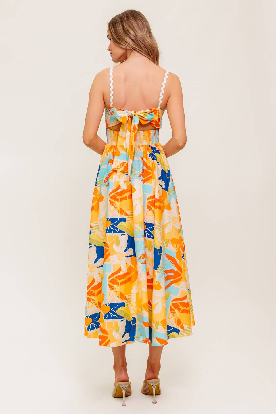 MERRITT MIDI DRESS - ORANGE & BLUE PRINT