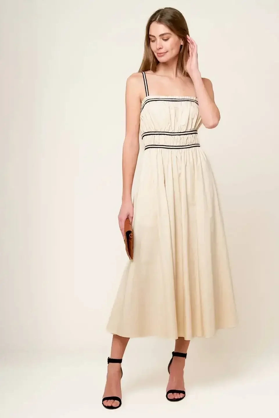 TERRIFIC TIMING BLACK TRIM IVORY MIDI DRESS