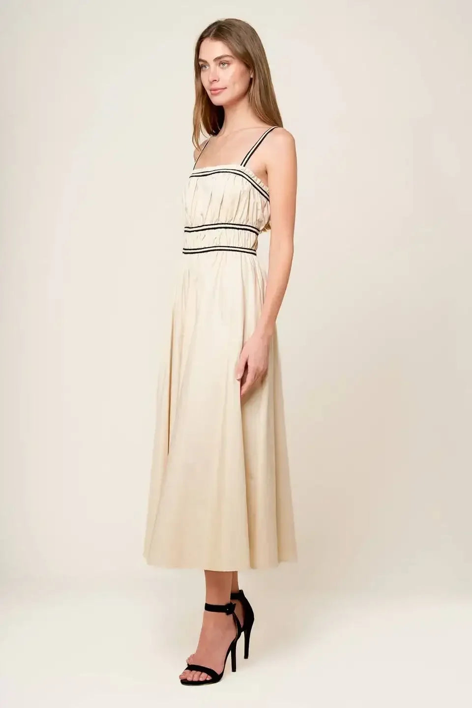 TERRIFIC TIMING BLACK TRIM IVORY MIDI DRESS