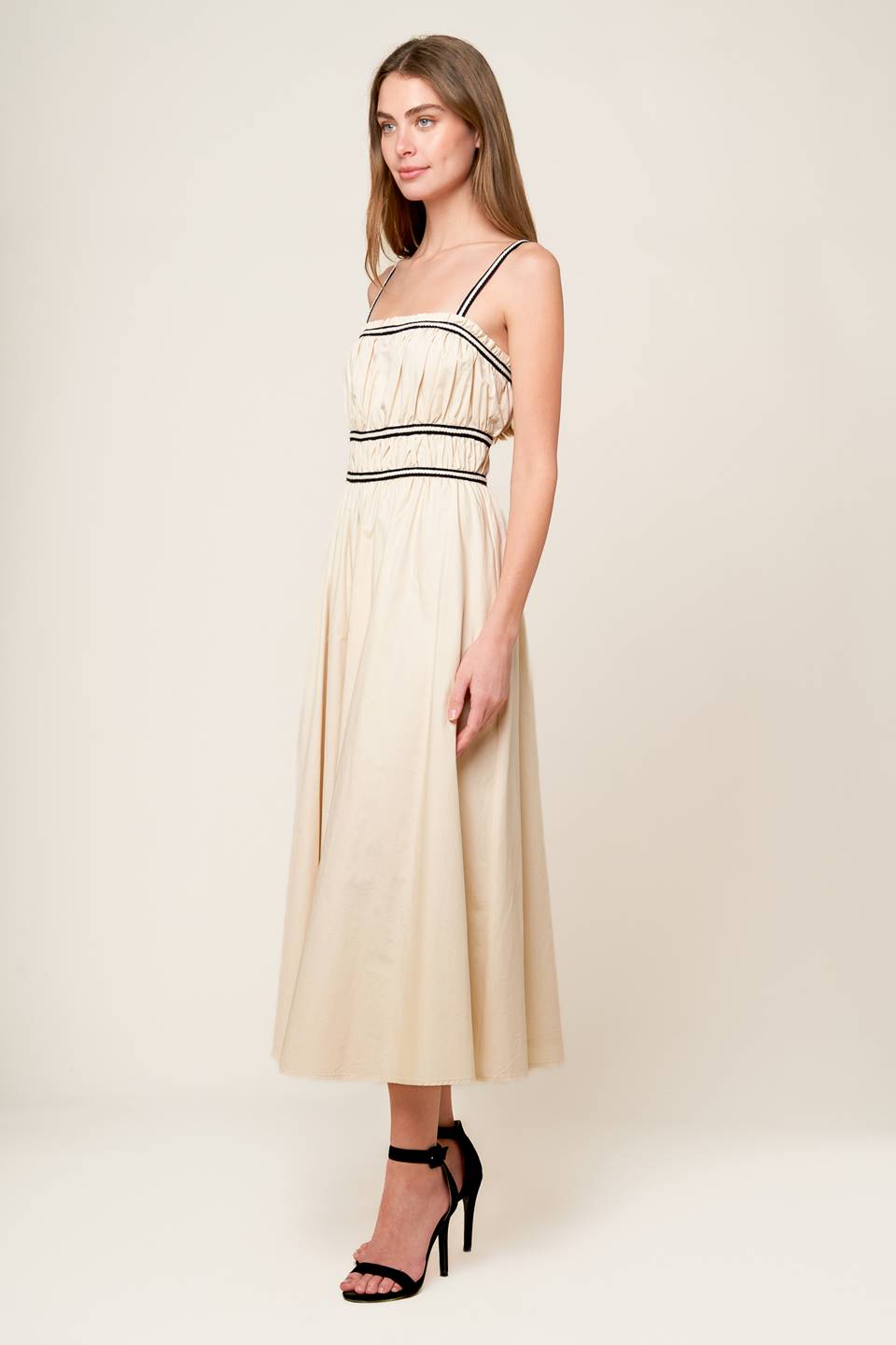TERRIFIC TIMING BLACK TRIM IVORY MIDI DRESS