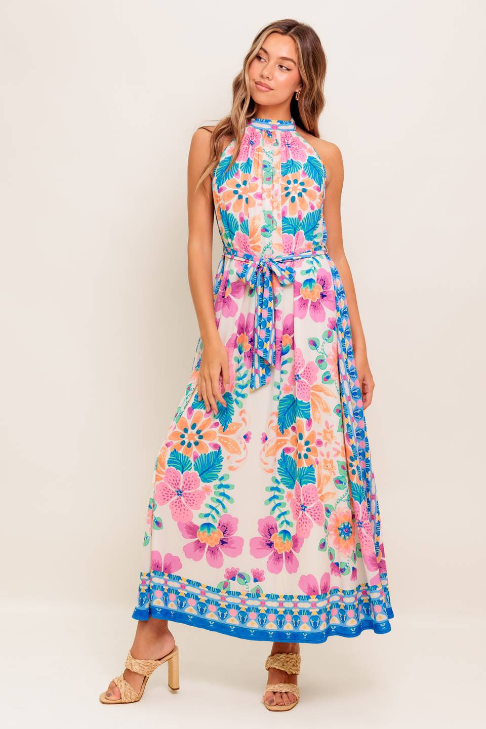 blue and pink wedding guest dress Karmen Ruffle Floral Midaxi Dress Blue/Pink