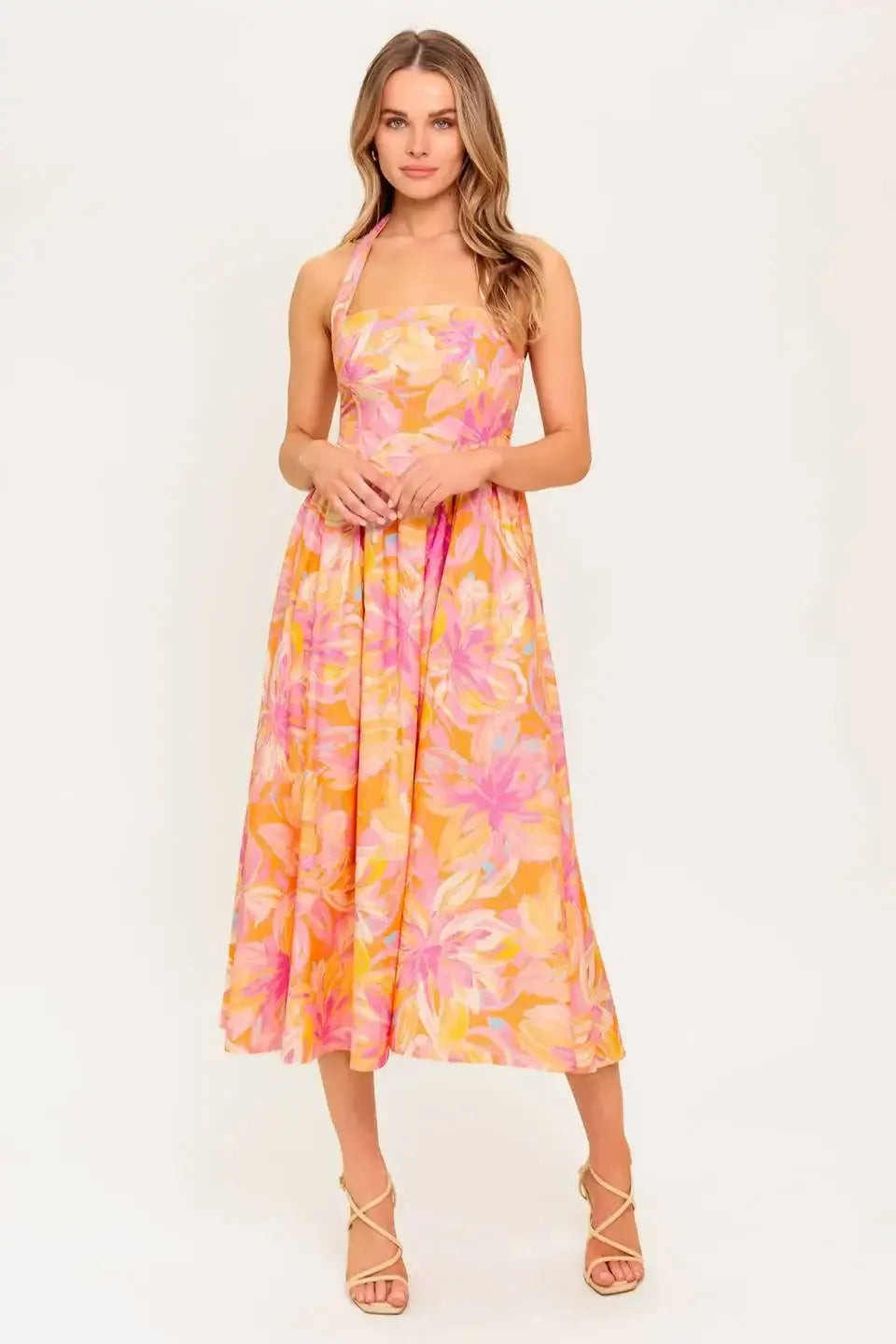 MORNING SUN HALTER TIE MIDI DRESS - CORAL