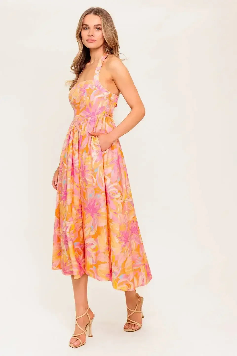 MORNING SUN HALTER TIE MIDI DRESS - CORAL