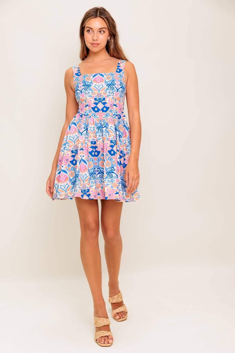 KENDRA BLUE CORAL PRINT MINI DRESS