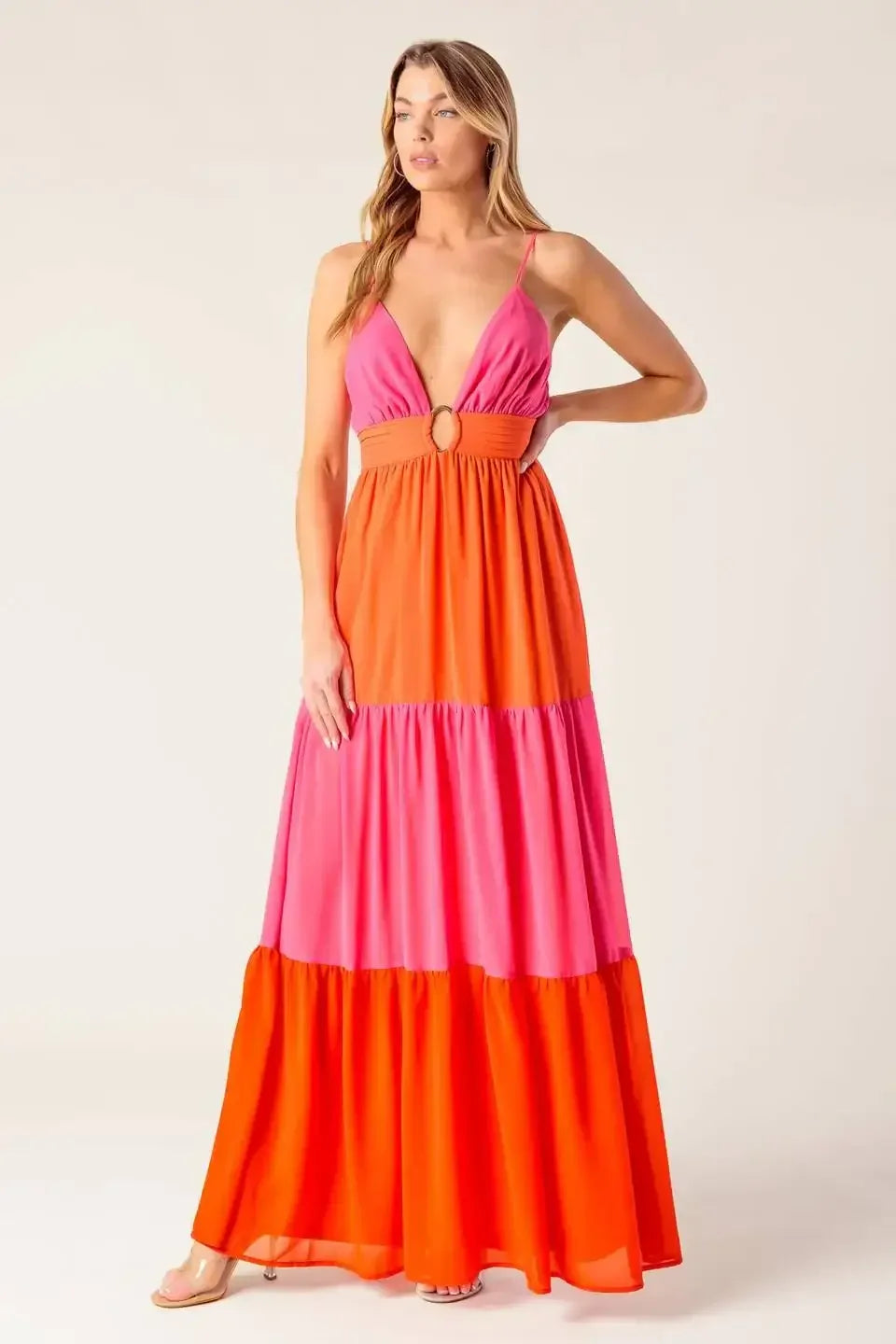 REGAL SUNRISE - PINK & RED COLOR BLOCKED MAXI DRESS