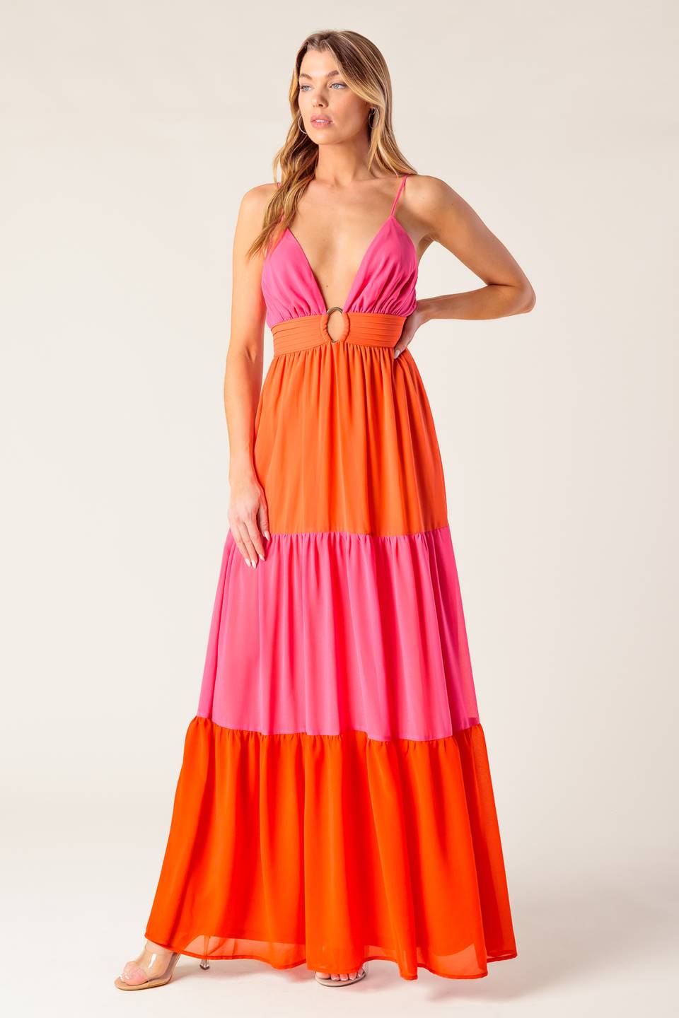REGAL SUNRISE - PINK & RED COLOR BLOCKED MAXI DRESS