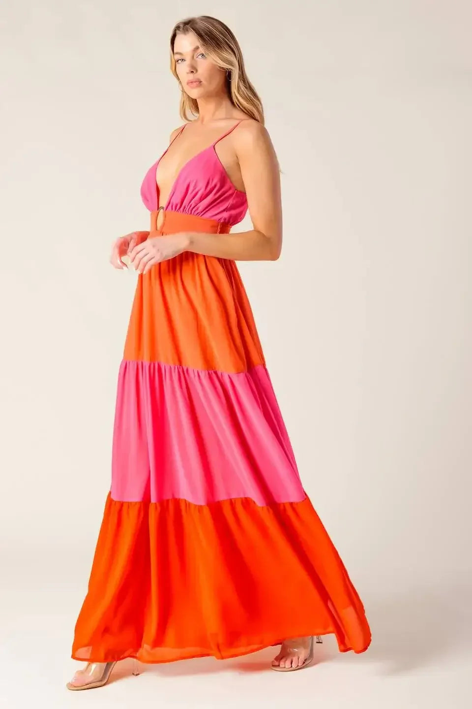 REGAL SUNRISE - PINK & RED COLOR BLOCKED MAXI DRESS
