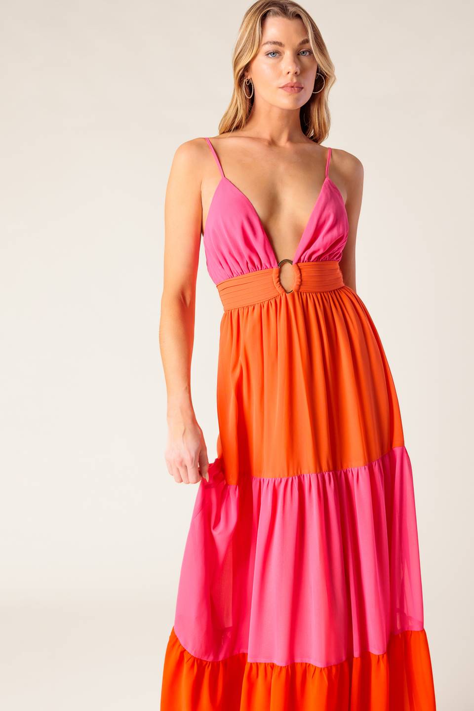 REGAL SUNRISE - PINK & RED COLOR BLOCKED MAXI DRESS