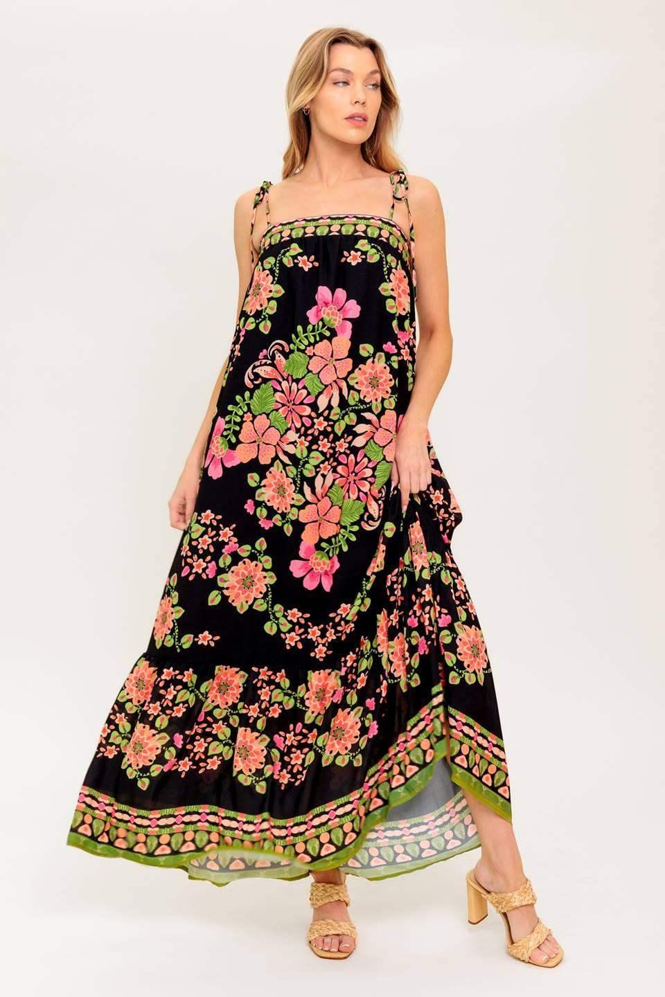 SUMMER GLOW FLORAL MAXI DRESS - BLACK