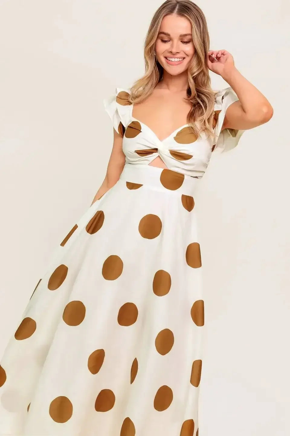 MOJITO MOOD IVORY & BROWN POLKA DOT MIDI DRESS