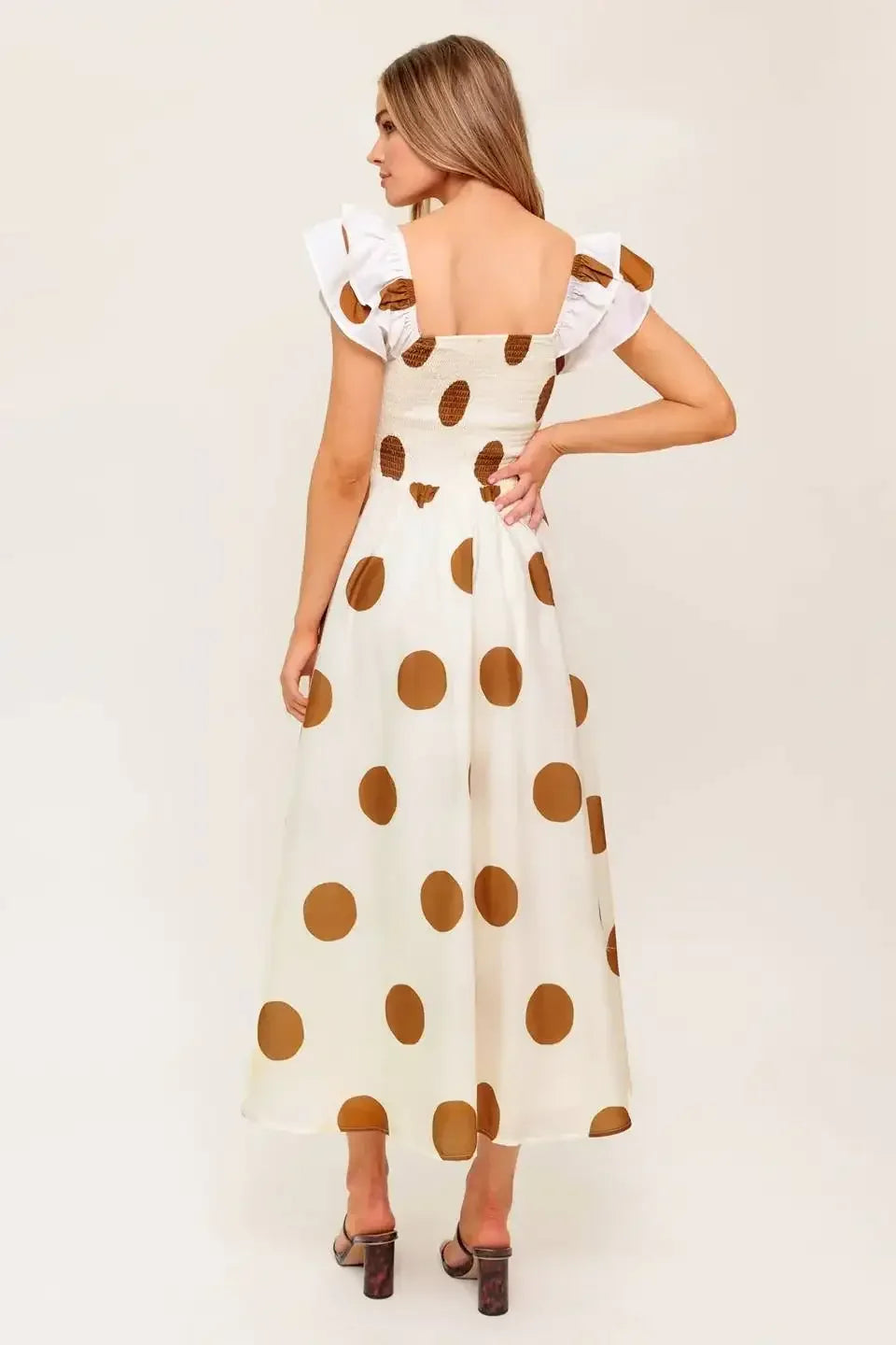 MOJITO MOOD IVORY & BROWN POLKA DOT MIDI DRESS