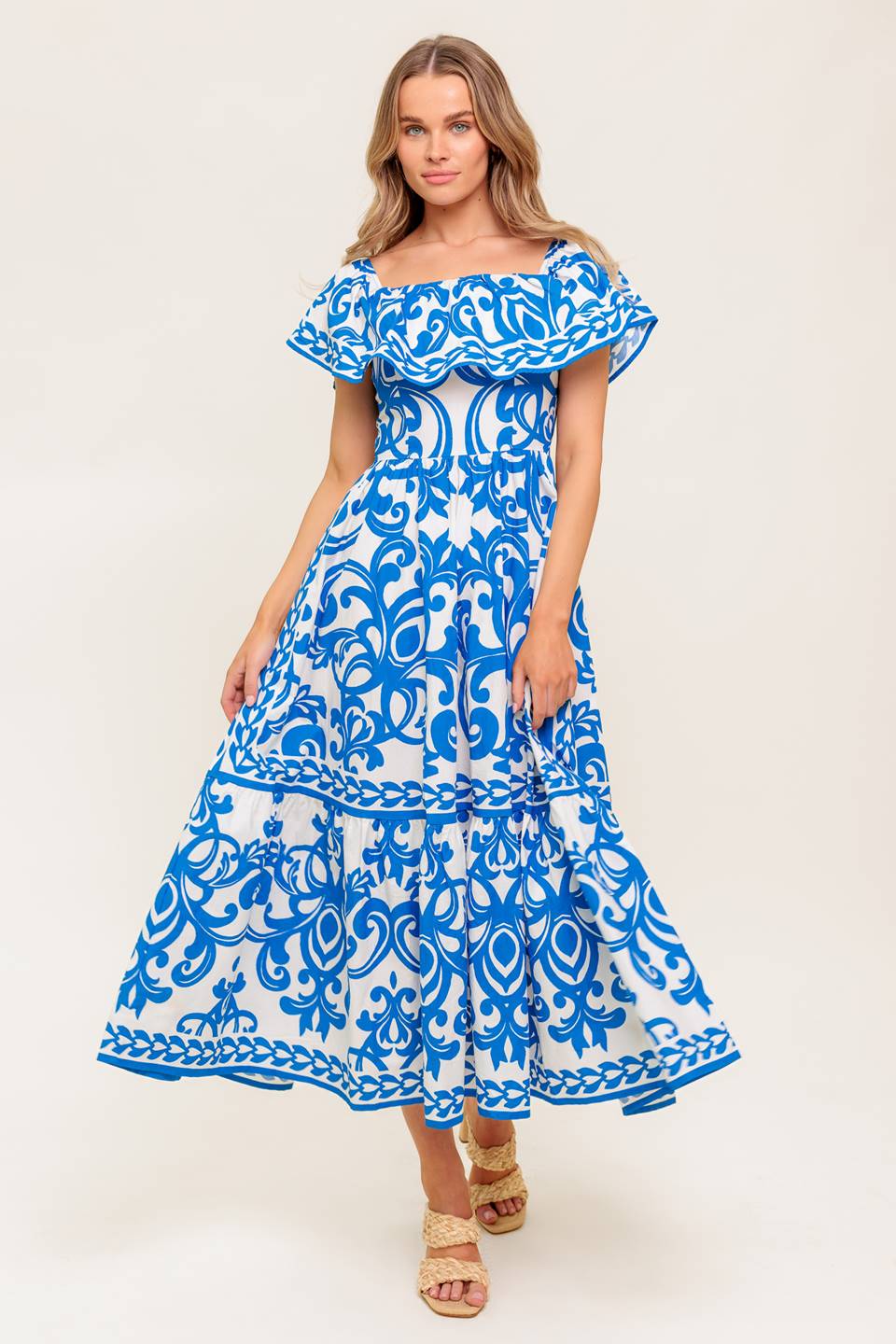 SERENADE MIDI DRESS - PRINTED OFF SHOULDER COTTON DRESS