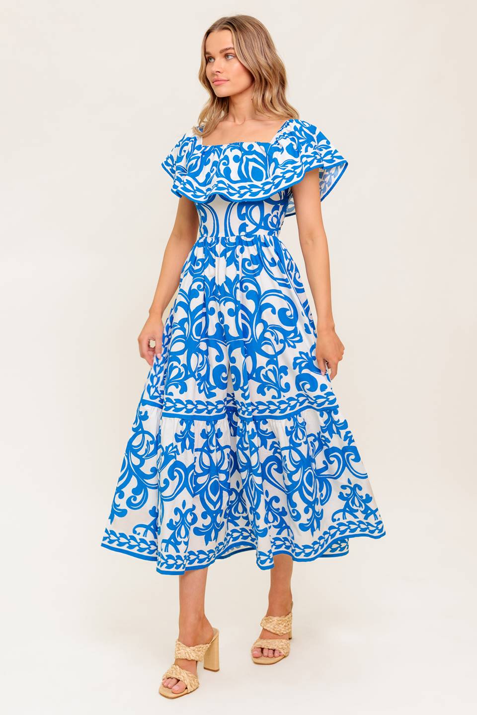 SERENADE MIDI DRESS - PRINTED OFF SHOULDER COTTON DRESS