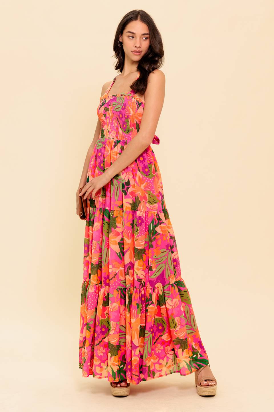 SUNRISE SOIREE HALTER TIE MAXI DRESS - FUCHSIA