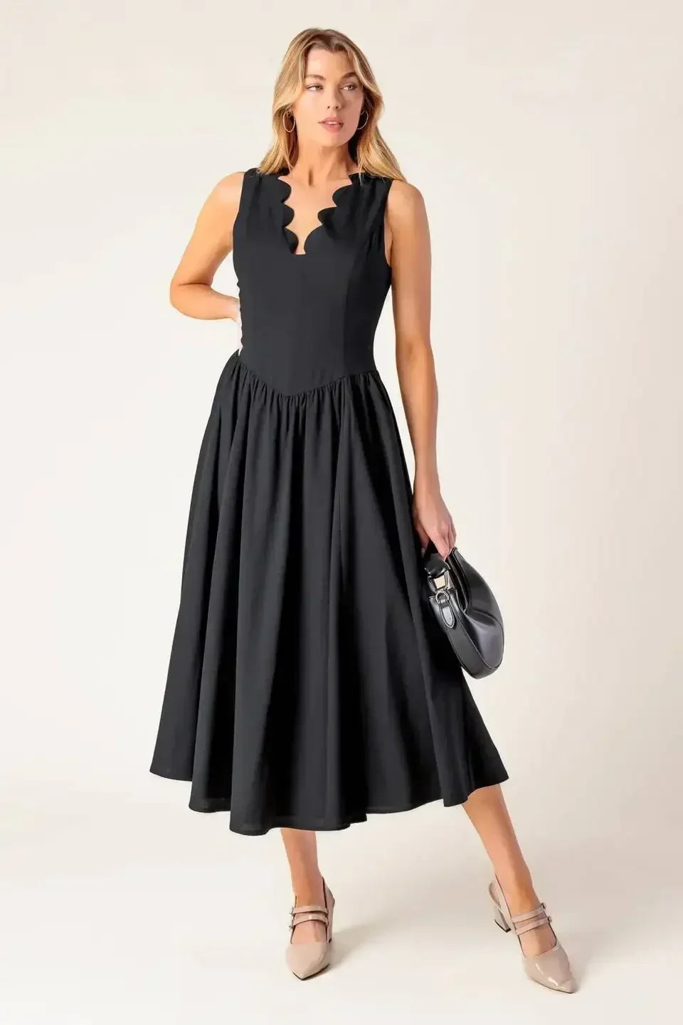 FOR THE RECORD SCALLOP-V MIDI DRESS - BLACK
