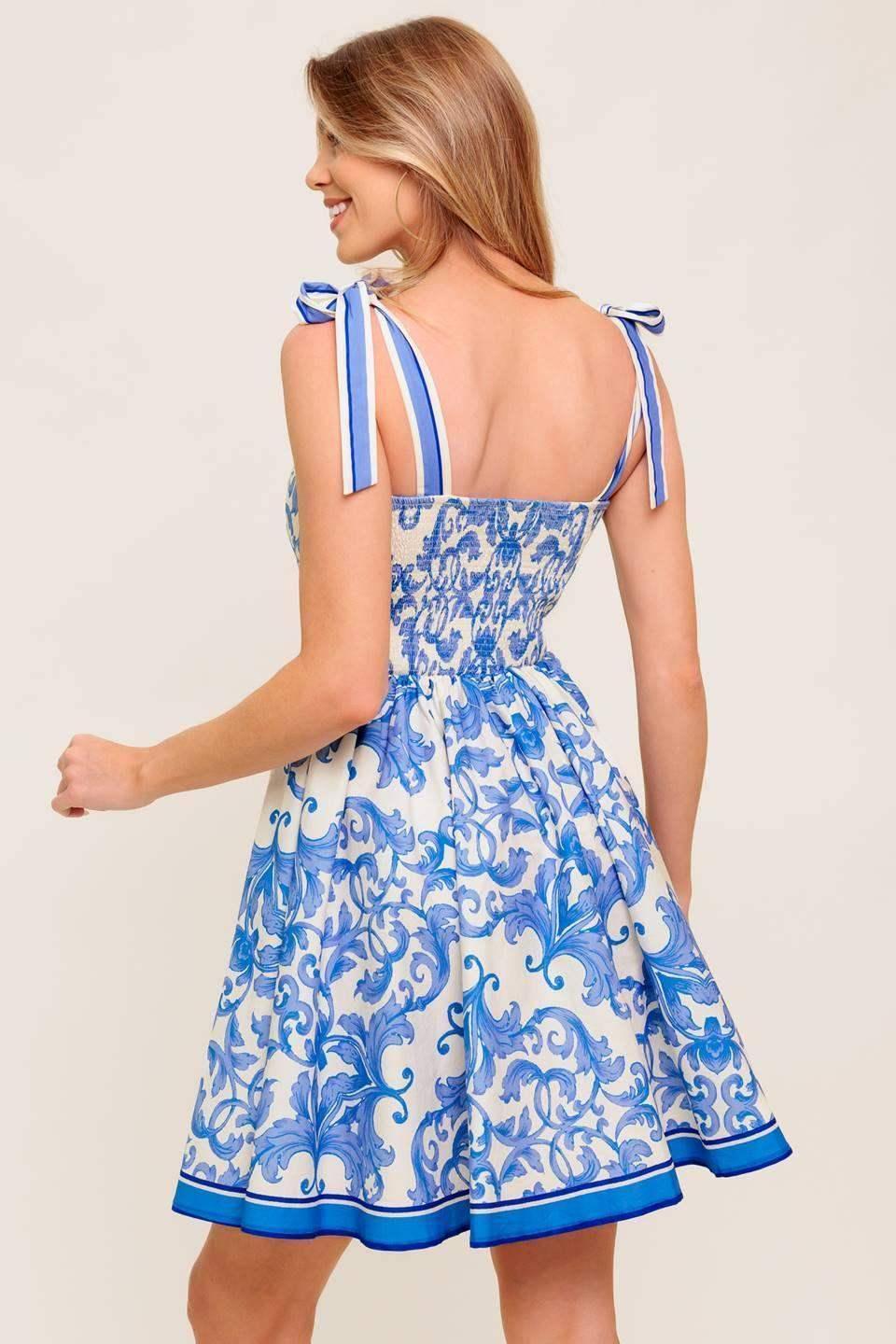 Blue floral mini dress with a straight neckline