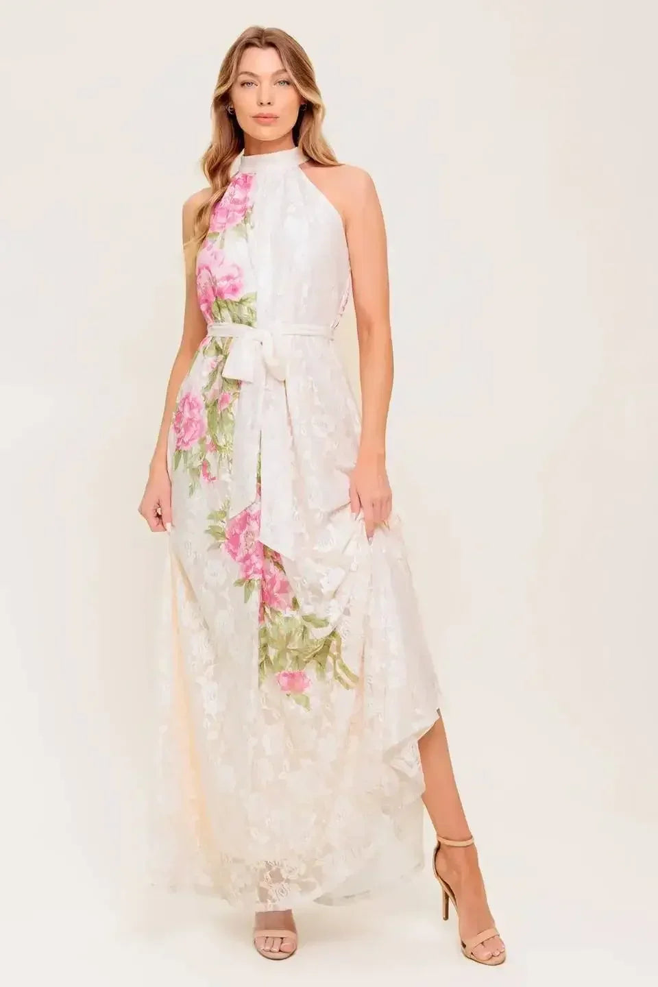 ROSE GARDEN - IVORY LACE HALTER MAXI DRESS