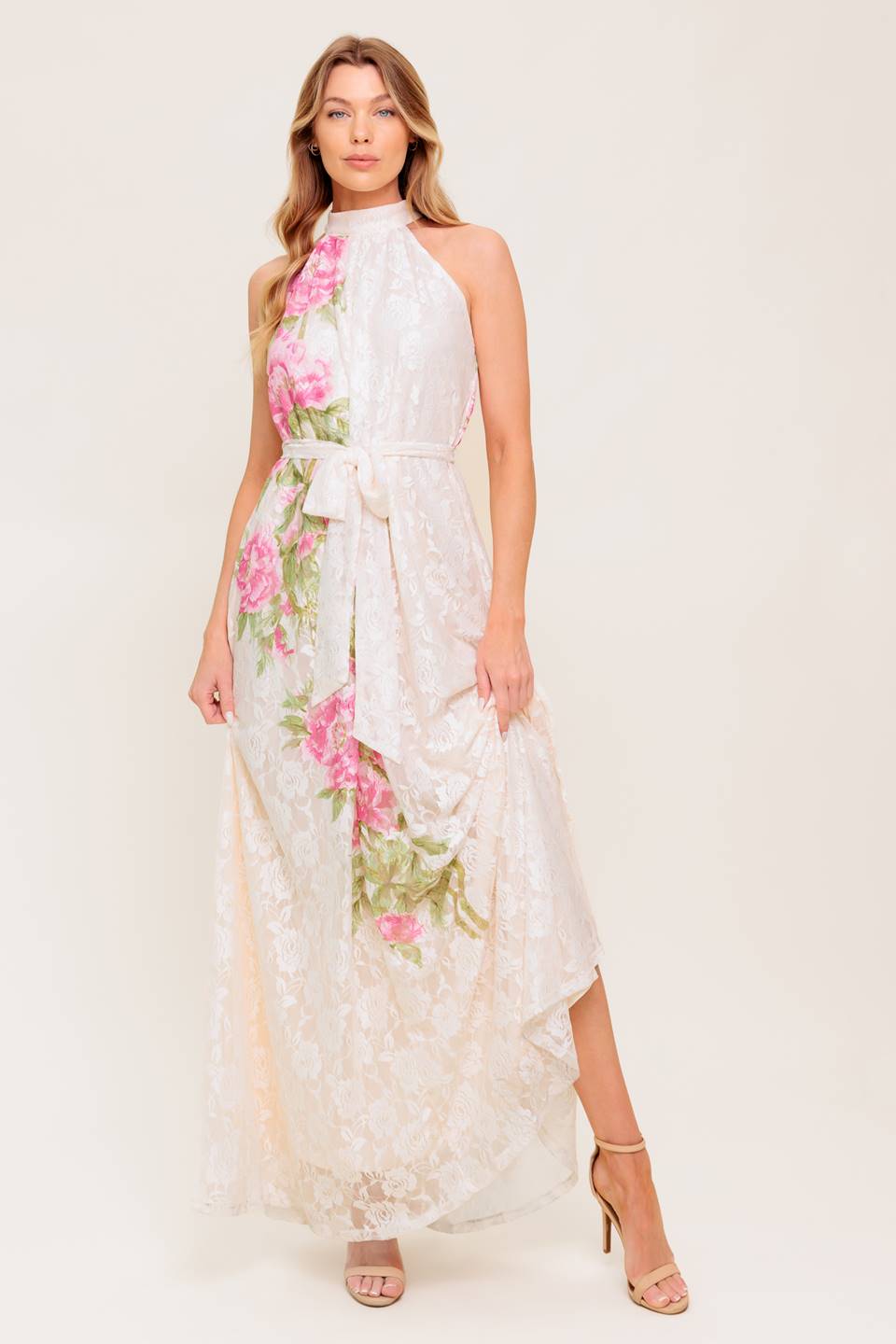 floral lace halter dress Uliana White Floral Lace Halterneck Maxi Dress