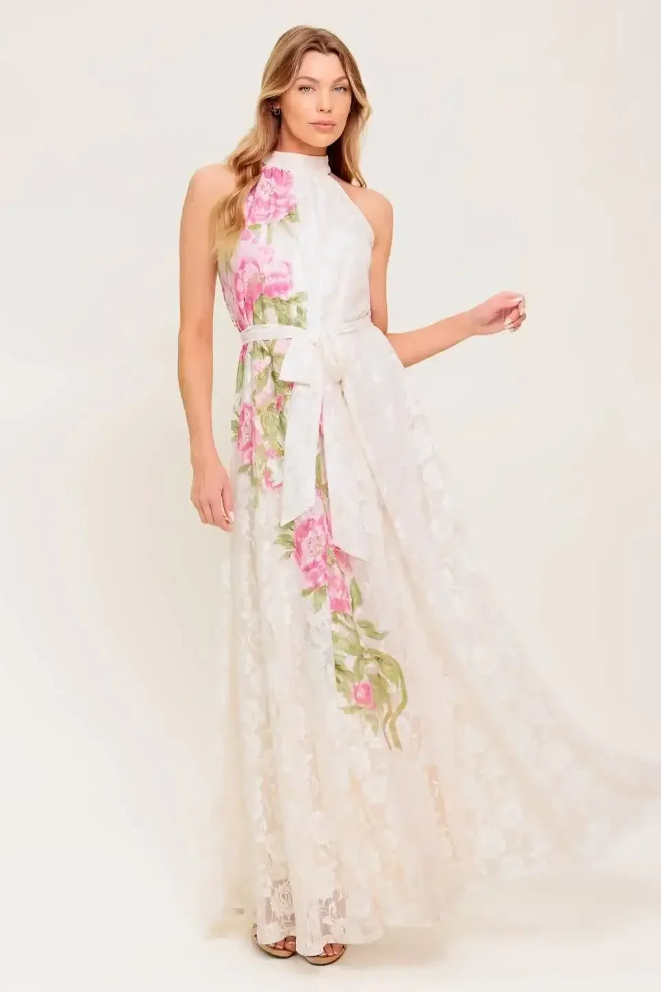 ROSE GARDEN - IVORY LACE HALTER MAXI DRESS