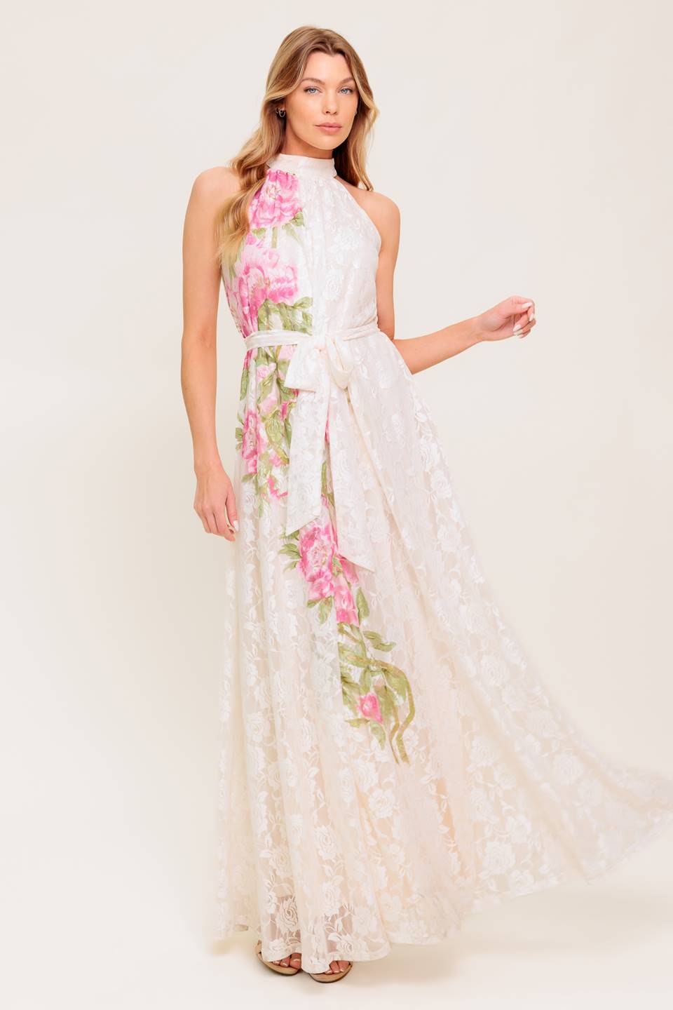 ROSE GARDEN - IVORY LACE HALTER MAXI DRESS