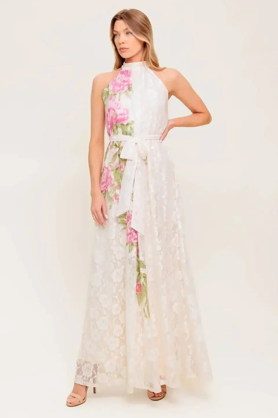 ROSE GARDEN - IVORY LACE HALTER MAXI DRESS