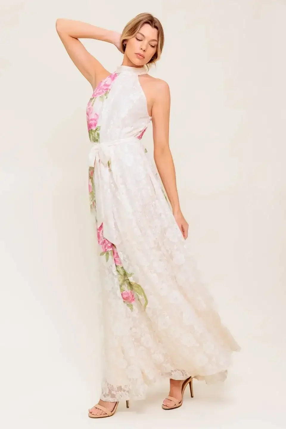 ROSE GARDEN - IVORY LACE HALTER MAXI DRESS