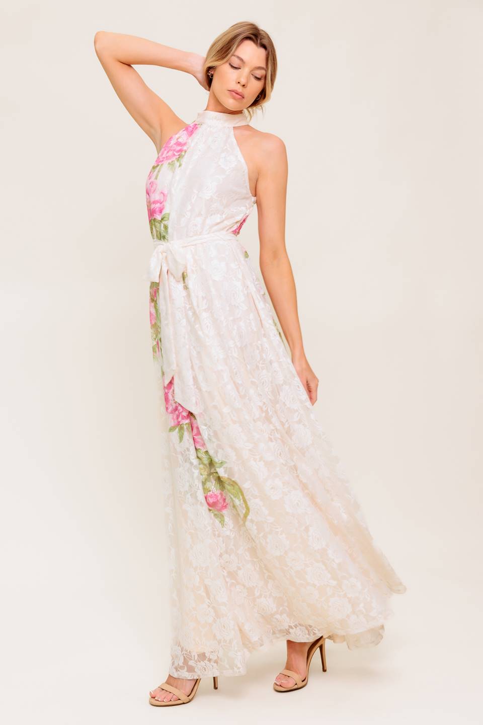 ROSE GARDEN - IVORY LACE HALTER MAXI DRESS