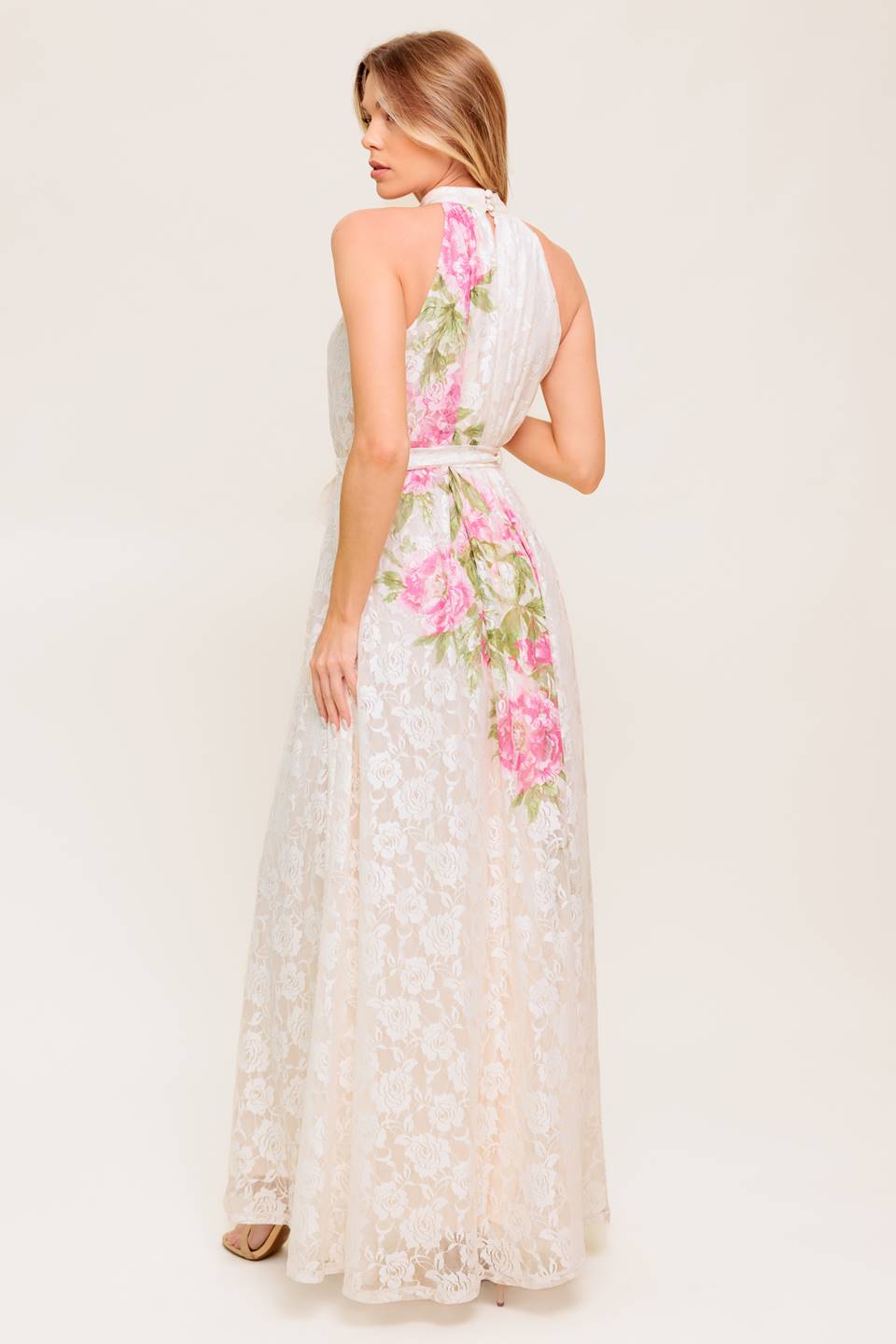 ROSE GARDEN - IVORY LACE HALTER MAXI DRESS