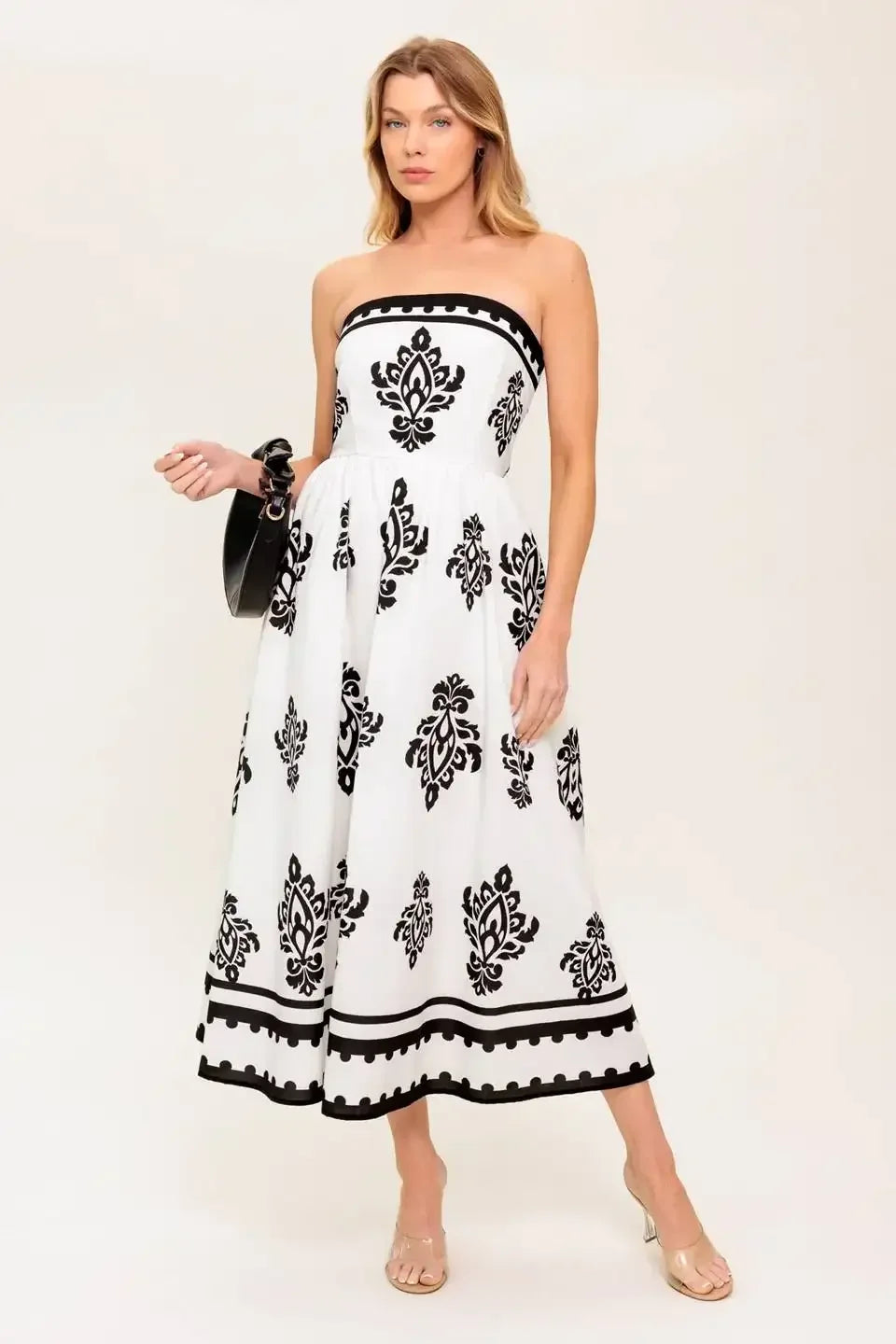 CAFE IN PARIS STRAPLESS MIDI DRESS - IVORY & BLACK