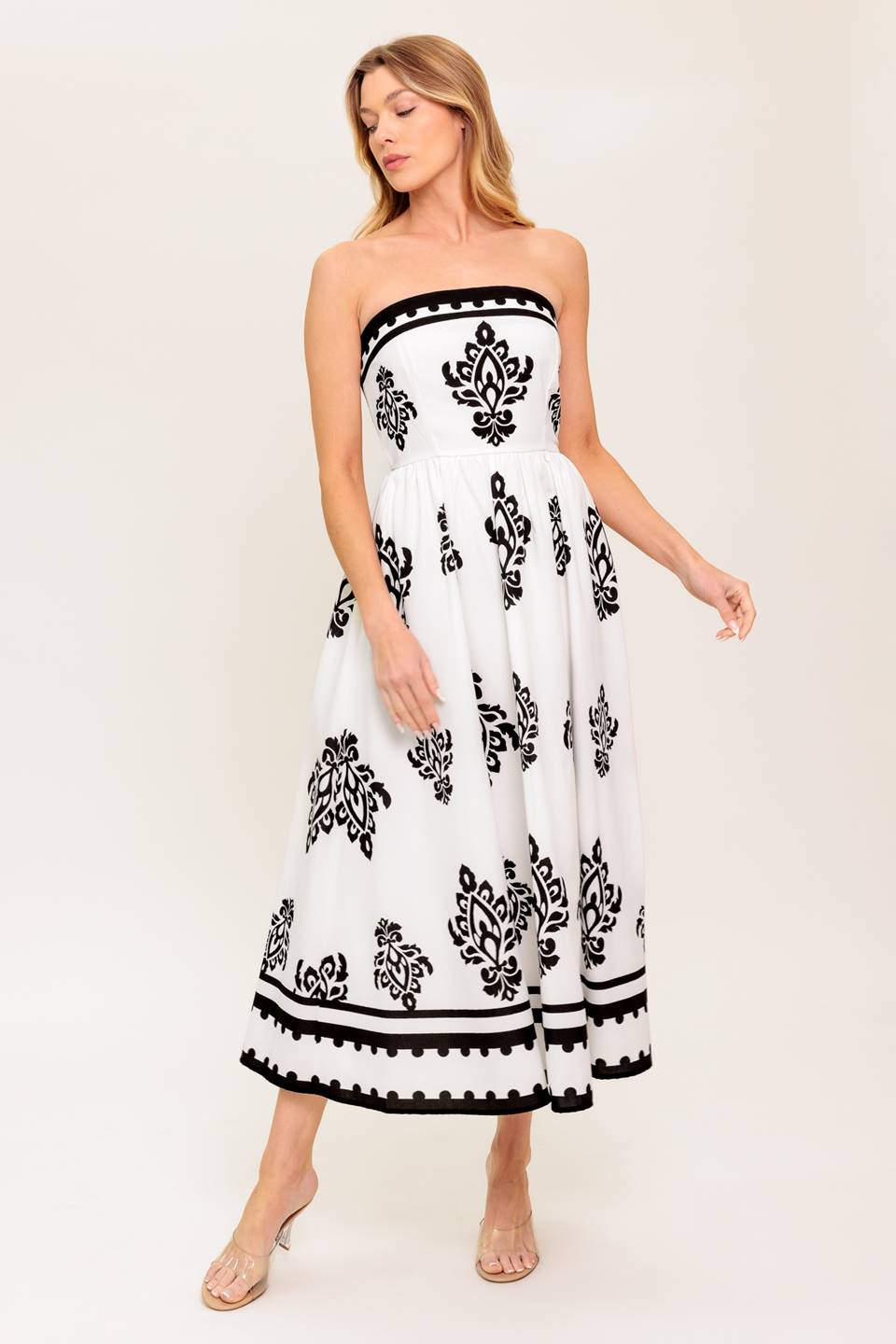 CAFE IN PARIS STRAPLESS MIDI DRESS - IVORY & BLACK
