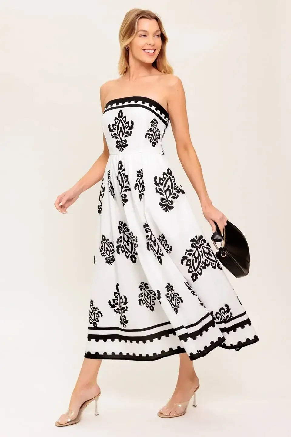 CAFE IN PARIS STRAPLESS MIDI DRESS - IVORY & BLACK