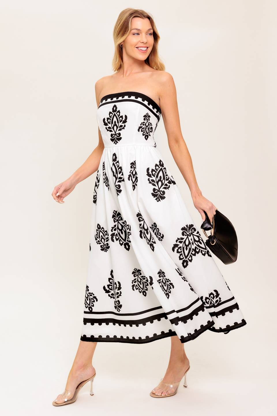 CAFE IN PARIS STRAPLESS MIDI DRESS - IVORY & BLACK