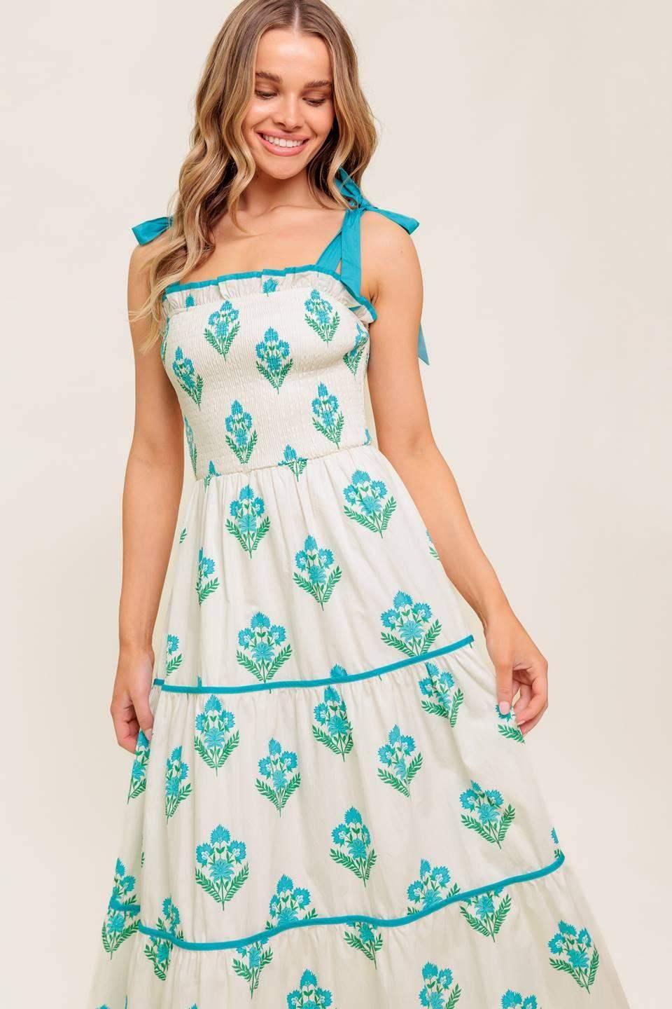 BEAUTY IN BLOOM - BLUE TIE STRAP MIDI DRESS