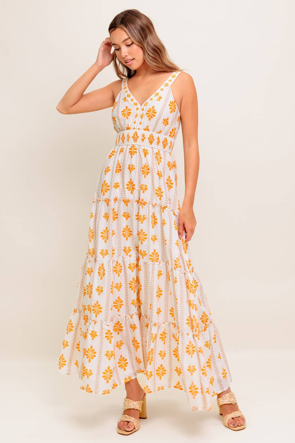White dress with yellow floral patterns
