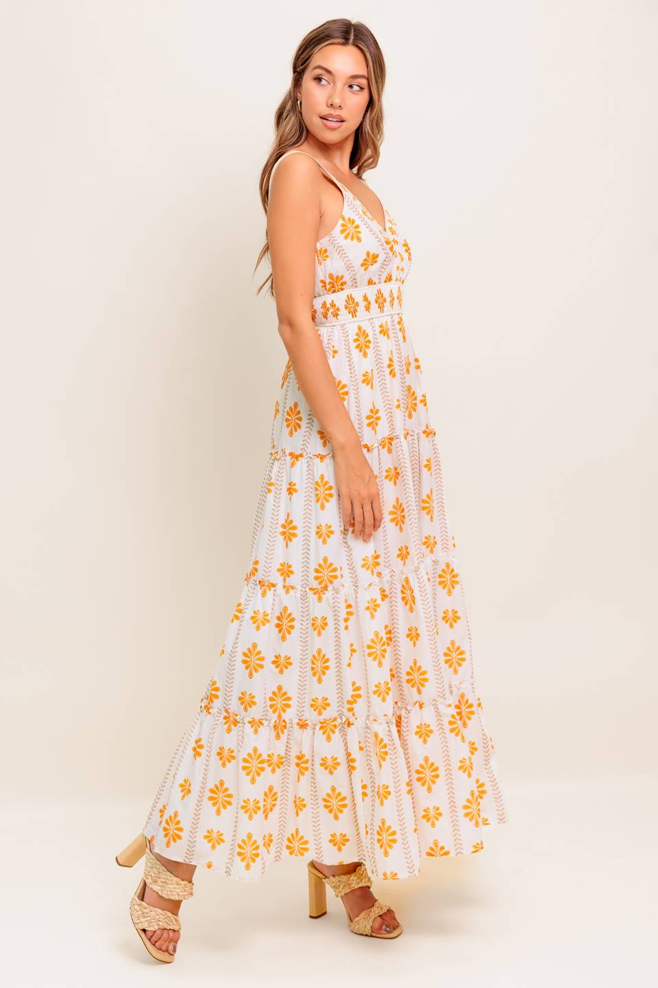 White dress with yellow floral patterns