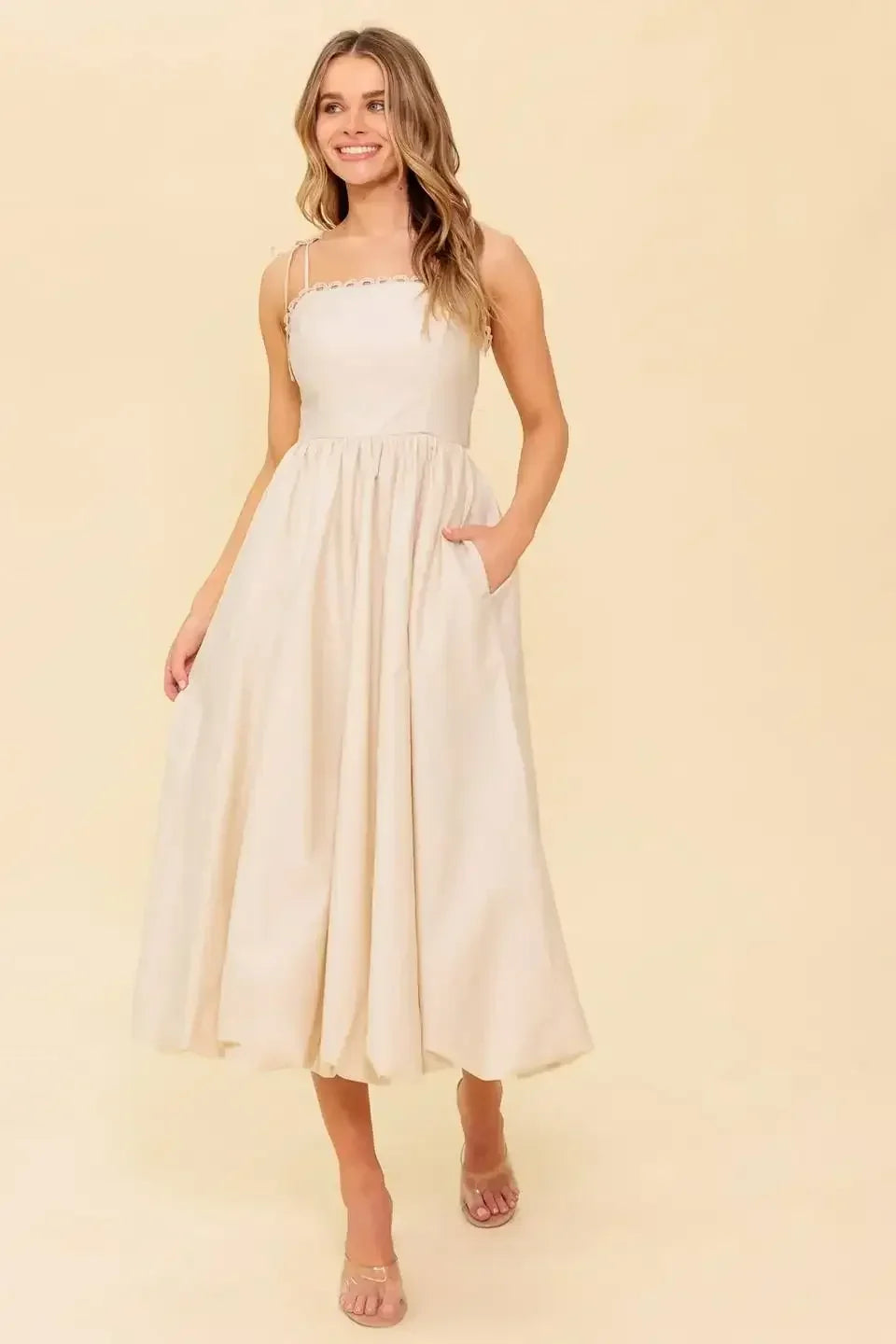 REGAL CUTIE BUBBLE HEM MIDI DRESS - CREAM