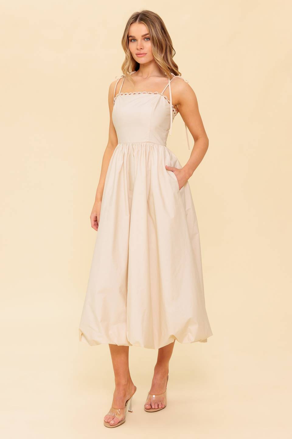 REGAL CUTIE BUBBLE HEM MIDI DRESS - CREAM