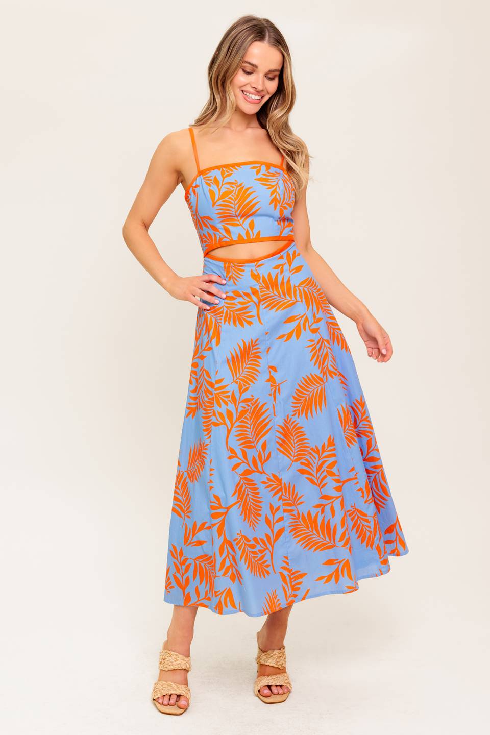 APRICOT SUNSET CUT-OUT MIDI DRESS