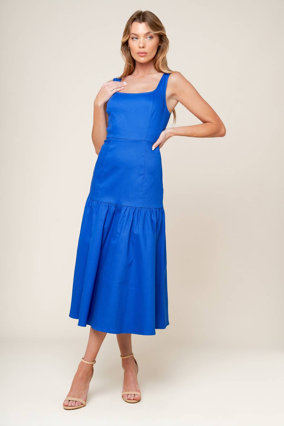 BONNIE BLUE MIDI DRESS WITH SQUARE NECKLINE & DROP WAIST