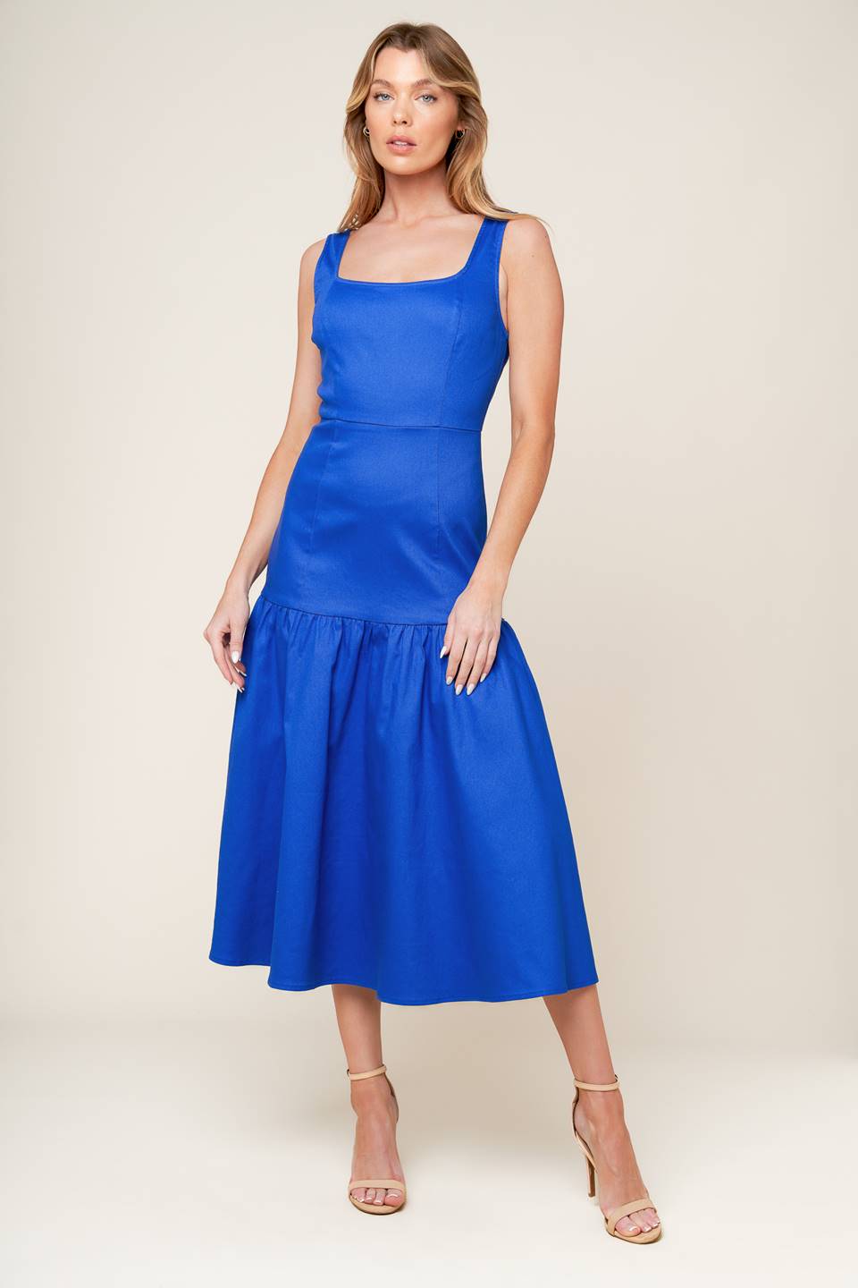 BONNIE BLUE MIDI DRESS WITH SQUARE NECKLINE & DROP WAIST